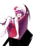  1girl bat_wings blush closed_eyes dress fang hat hat_ribbon highres koissa mob_cap open_mouth purple_hair remilia_scarlet ribbon short_hair short_sleeves skirt skirt_set sleeping solo thigh-highs touhou white_dress white_legwear wings 