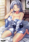  1girl absurdres bare_shoulders blue_eyes blue_hair blush breasts cleavage highres huge_filesize japanese_clothes kimono large_breasts one_eye_closed parted_lips sitting sleepy solo thighs wariza yomi_(senran_kagura) 