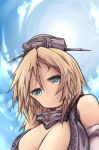  1girl bare_shoulders blonde_hair blue_eyes blue_sky breasts cleavage clouds cloudy_sky collar detached_sleeves hair_between_eyes headgear highres iowa_(kantai_collection) kantai_collection large_breasts long_hair looking_at_viewer sky smile solo star star-shaped_pupils sun symbol-shaped_pupils yam-potong 