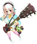  1girl blush breasts cleavage detached_collar fingernails guitar headphones highres instrument large_breasts long_hair looking_at_viewer nail_polish necktie nitroplus open_mouth pink_eyes pink_hair smile solo super_sonico thigh-highs tsuji_santa 