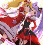  2girls asahina_mirai black_hat blonde_hair bow bracelet choker cure_magical cure_miracle elbow_gloves frills gloves hair_bow hat heart izayoi_liko jewelry long_hair looking_at_viewer magical_girl mahou_girls_precure! mini_hat mini_witch_hat multiple_girls pink_eyes pink_hat precure purple_hair skirt smile tea_(nakenashi) thigh-highs twintails violet_eyes white_gloves white_legwear witch_hat 