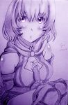  1girl absurdres blush breasts cape cleavage cleavage_cutout dated fingerless_gloves gloves hai_to_gensou_no_grimgar hair_between_eyes highres looking_at_viewer mechanical_pencil monochrome pencil shihoru_(grimgar) short_hair solo traditional_media 
