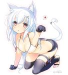  1girl 47agdragon all_fours animal_ears black_gloves black_legwear blush breasts cat_day cat_ears cat_tail cleavage dagger gloves heart highres large_breasts long_hair looking_at_viewer original paw_pose red_eyes silver_hair solo spoken_heart tail thigh-highs toeless_legwear weapon x_hair_ornament 