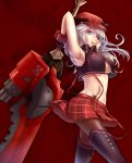  1girl :d alisa_ilinichina_amiella amano_yoru armpits arms_up artist_name asymmetric_gloves black_legwear blonde_hair blue_eyes boots breasts brown_boots brown_legwear buckle buttons cowboy_shot crop_top crop_top_overhang elbow_gloves fingerless_gloves flat_cap gatling_gun gloves god_eater god_eater_burst gun hat highres holding_sword holding_weapon huge_weapon lips looking_at_viewer midriff navel open_mouth pantyhose plaid plaid_skirt red_background red_hat red_skirt signature simple_background skirt smile solo stomach suspender_skirt suspenders sword thigh-highs thigh_boots tsurime under_boob vest walking weapon wrist_cuffs 