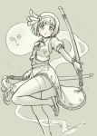  1girl blush cameo dual_wielding flat_chest ghost hairband katana konpaku_youmu konpaku_youmu_(ghost) loafers monochrome one-punch_man pantyhose pas_(paxiti) puffy_sleeves saitama_(one-punch_man) shoes short_hair sketch solo sword thigh_strap thighband_pantyhose touhou weapon 