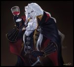  1boy absurdres alucard_(castlevania) black_gloves blue_eyes cape castlevania castlevania:_symphony_of_the_night cup drinking_glass gloves grandialee hand_on_hilt highres long_hair male_focus pale_skin solo sword vampire weapon white_hair wine_glass 