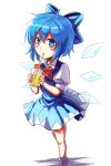  1girl blue_bow blue_dress blue_eyes blue_hair blush bow bowtie cirno dress drinking hair_bow highres ice ice_wings koissa looking_at_viewer puffy_short_sleeves puffy_sleeves red_bow short_hair short_sleeves solo touhou wings 