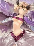  1girl blonde_hair breasts cape edobox granblue_fantasy groin head_wings holding looking_at_viewer navel short_hair skirt smile solo staff under_boob yellow_eyes zeta_(granblue_fantasy) 