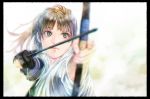  1girl aiming arrow bow_(weapon) brown_eyes brown_hair highres japanese_clothes kinoebi ponytail simple_background single_glove solo weapon 