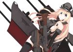  1girl :d absurdres anchor armlet bare_shoulders bismarck_(kantai_collection) black_legwear blonde_hair breasts brown_gloves collar cowboy_shot dutch_angle elbow_gloves gloves grin gun hat highres holding_gun holding_weapon kantai_collection large_breasts long_hair looking_at_viewer machinery mikoto_(oi_plus) military military_uniform open_mouth parted_lips peaked_cap sideboob simple_background smile solo standing thigh-highs thighs tsurime uniform very_long_hair weapon white_background wrist_cuffs zettai_ryouiki 