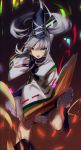  1girl chromatic_aberration gradient gradient_background grey_eyes hat highres long_hair long_sleeves looking_at_viewer mononobe_no_futo no-kan open_mouth ponytail ribbon shirt silver_hair skirt smile solo tate_eboshi touhou wide_sleeves 
