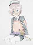  1boy :d akita_toushirou armor blue_eyes grimay hat legwear_under_shorts male_focus military military_uniform necktie open_mouth pantyhose pink_hair shorts sitting smile sword tantou touken_ranbu uniform weapon white_legwear 