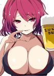  1girl absurdres alcohol amisu beer beer_mug black_bra blush bra breasts cleavage collarbone heart heart-shaped_pupils highres horikawa_raiko large_breasts open_mouth red_eyes redhead short_hair simple_background smile solo symbol-shaped_pupils touhou underwear white_background 