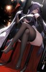  1girl absurdres an_yasuri ass august_von_parseval_(azur_lane) azur_lane banned_artist bare_shoulders black_dress black_footwear black_hair breasts brown_legwear cape clothing_cutout crossed_legs detached_collar dress gloves gold_trim hair_over_one_eye hand_up high_heels highres horns large_breasts long_hair long_sleeves looking_at_viewer off_shoulder sitting sleeveless sleeveless_dress solo thigh-highs thighs under_boob underboob_cutout very_long_hair violet_eyes white_gloves 