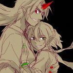  2girls green_eyes green_nails grin half-closed_eyes horn hoshiguma_yuugi mizuhashi_parsee monochrome multiple_girls nail_polish pointy_ears red_eyes red_nails rex_k sketch smile spot_color touhou yuri 