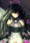  1girl black_hair breasts elbow_gloves gloves grin halo long_hair looking_at_viewer lor968 original pink_eyes side_ponytail sleeveless smile solo teeth 
