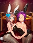  2girls :p absurdres ahoge animal_ears bare_shoulders blue_eyes blush bow bowtie breasts brown_hair bunny_girl bunny_tail bunnysuit cleavage cyphers detached_collar embarrassed fishnet_pantyhose fishnets garugaru hair_bow highres holding_hands long_hair multiple_girls one_eye_closed pantyhose purple_hair rabbit_ears short_hair sitting smile tail tongue tongue_out wrist_cuffs 
