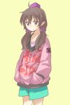  1girl alternate_costume brown_eyes brown_hair hands_in_pockets hat himekaidou_hatate long_hair long_sleeves low_twintails nibi pointy_ears scrunchie shirt shorts solo tokin_hat touhou twintails 