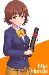  1girl brown_hair character_name graduated_cylinder honda_mio idolmaster idolmaster_cinderella_girls school_uniform short_hair smile solo yoga_doujou_(misawajima) 