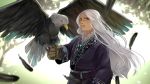  1girl bird eagle earrings feathers gloves hayame_(m_ayame) jewelry long_hair original solo white_hair yellow_eyes 