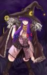  1girl alternate_costume belt black_legwear blue_bow bow breasts contrapposto fur_coat hair_bow hat highres knife koissa large_breasts long_hair looking_at_viewer patchouli_knowledge purple_hair red_bow sidelocks smile solo thigh-highs touhou violet_eyes witch_hat 