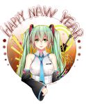  1girl 2016 absurdres artist_name bare_shoulders breasts dated detached_sleeves engrish green_eyes green_hair guitar happy_new_year hatsune_miku highres instrument necktie new_year ranguage rhode smile solo twintails vocaloid 
