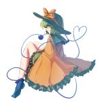  1girl bow frilled_sleeves frills green_eyes green_hair hat hat_bow hat_ribbon heart heart_of_string highres knees_up koissa komeiji_koishi long_sleeves looking_at_viewer profile ribbon short_hair skirt solo third_eye touhou white_background wide_sleeves 