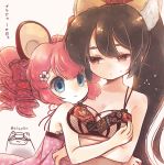  2girls a_(show_by_rock!!) animal_ears bangs beige_background biyon blue_eyes blush blush_stickers bra bra_over_eyes breast_grab breasts brown_hair chibi_inset cleavage closed_mouth collarbone crossed_arms daru_dayu dog_ears floral_print flower frills frown hair_flower hair_ornament hair_ribbon hug lace-trimmed_bra lace_trim lingerie long_hair looking_at_another mouse_ears multiple_girls no_shirt pink_hair polka_dot ponytail print_bra red_eyes ribbon show_by_rock!! smile sweatdrop twintails un_(show_by_rock!!) underwear upper_body 