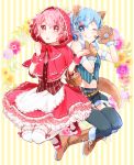  1boy 1girl animal_ears big_bad_wolf_(cosplay) big_bad_wolf_(grimm) blue_eyes blue_hair blush braid brother_and_sister cosplay dorothy_west grimm&#039;s_fairy_tales highres hood leona_west little_red_riding_hood little_red_riding_hood_(cosplay) little_red_riding_hood_(grimm) mgmgkyun mole mole_under_eye open_mouth otoko_no_ko pink_eyes pink_hair pripara short_hair siblings smile tail twins wolf_ears wolf_paws wolf_tail 