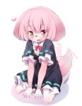  1girl animal_ears blush brown_eyes dog_ears dress fang furry highres motion_blur open_mouth original pink_hair short_hair sitting smile solo tail tail_wagging white_background youki_(yuyuki000) 