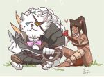  1girl absurdres animal_ears armor bow braid brown_hair dark_skin eyepatch facial_mark green_eyes hair_bow highres league_of_legends long_hair nidalee ponytail rengar ribbon smile tribal weapon white_hair 