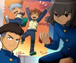  4boys ^_^ armband_removed blue_gakuran brown_hair closed_eyes dirty gakuran headband inazuma_eleven_(series) inazuma_eleven_go male_focus matsukaze_tenma mizuhara_aki multiple_boys nishizono_shinsuke open_mouth raimon raimon_soccer_uniform raimon_track_suit sangoku_taichi school_uniform shindou_takuto short_hair soccer_uniform sportswear track_suit translation_request 