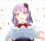  1girl :o blue_eyes bow breasts dagashi_kashi flower frills hair_flower hair_ornament hakusai_(tiahszld) large_breasts looking_at_viewer open_mouth perspective purple_hair shidare_hotaru short_hair solo upper_body 