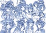  1girl blush cape character_sheet closed_eyes collar eating empty_eyes fingerless_gloves flying_sweatdrops food gloves hat highres kono_subarashii_sekai_ni_shukufuku_wo! megumin monochrome open_mouth sakino_shingetsu sitting smile staff sweatdrop thigh-highs witch_hat 