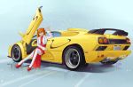  :d blue_eyes car coat gullwing_doors highres lamborghini lamborghini_diablo motor_vehicle neon_genesis_evangelion open_mouth redhead shikinami_asuka_langley simple_background smile snow sorandia souryuu_asuka_langley thigh-highs vehicle white_legwear 