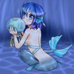  1girl alternate_costume back bikini_top blue blue_background blue_eyes blue_hair blush box breasts bubble commentary_request dolphin_phoenix gift gift_box head_fins looking_at_viewer looking_back mermaid monster_girl ribbon short_hair sideboob simple_background sitting smile solo touhou underwater wakasagihime 