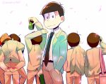  6+boys beanie beer_can brothers brown_hair cherry_blossoms drinking formal from_behind hand_in_pocket hat holding_can jacket jacket_over_shoulder jacket_removed looking_at_viewer looking_back matsuno_choromatsu matsuno_ichimatsu matsuno_juushimatsu matsuno_karamatsu matsuno_osomatsu matsuno_todomatsu mone_(14ri0000) multiple_boys necktie open_clothes open_jacket osomatsu-kun osomatsu-san petals piggyback sextuplets siblings smile suit twitter_username 