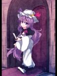  1girl beni_shake book crescent_hair_ornament hair_ornament hat long_hair mob_cap patchouli_knowledge purple_hair solo touhou very_long_hair violet_eyes 