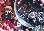  2girls absurdres angry artist_request black_wings doll feathered_wings fighting gothic_lolita hairband highres lolita_fashion lolita_hairband long_hair multiple_girls official_art open_mouth pink_eyes rozen_maiden scan shinku silver_hair suigintou sword weapon wings 