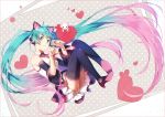  1girl absurdly_long_hair aqua_eyes boots cat cat_ear_headphones detached_sleeves hakusai_(tiahszld) hatsune_miku headphones heart long_hair looking_at_viewer multicolored_hair necktie paw_pose pink_hair polka_dot polka_dot_background skirt solo thigh-highs thigh_boots twintails very_long_hair vocaloid 