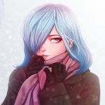  :d artist_name black_gloves brown_coat coat freckles gloves grey_background grey_eyes highres kirishima_touka light_smile lips long_sleeves looking_at_viewer naoko_(naoko00) open_mouth parted_lips red_scarf scarf short_hair silver_hair simple_background smile teeth tokyo_ghoul upper_body watermark web_address 