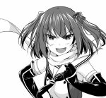  1girl elbow_gloves fishnets gloves hair_ornament hands_on_hips kantai_collection looking_at_viewer mikage_takashi monochrome neckerchief open_mouth sendai_(kantai_collection) short_hair smile solo two_side_up upper_body 