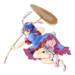  1girl absurdres animal_ears ass bloomers blue_hair bunny_tail dress drill_hair ear_clip frilled_dress frills highres holding_weapon kagari6496 legs looking_at_viewer looking_back mallet panties pantyshot rabbit_ears red_eyes seiran_(touhou) short_hair short_sleeves simple_background sketch smile socks solo tail thighs touhou underwear white_background white_legwear 