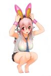  1girl absurdres bare_legs barefoot blush breasts feet full_body headphones highres holding holding_shoes large_breasts long_hair looking_at_viewer necktie nitroplus open_mouth pink_hair red_eyes see-through shoes shoes_removed smile solo super_sonico tiptoes toenail_polish toes tsuji_santa wrist_cuffs 