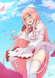  1girl blush dress final_fantasy green_eyes highres hood hood_down jinrui_wa_suitai_shimashita long_hair looking_at_viewer open_mouth panties pantyshot pantyshot_(standing) pink_hair robe skirt skirt_lift skirt_tug solo standing thigh-highs underwear upskirt very_long_hair watashi_(jintai) wavy_mouth white_mage white_panties wind wind_lift yokura_(yukilina) 