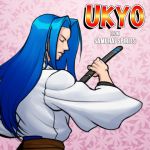  1boy blue_hair character_name closed_eyes copyright_name japanese_clothes josef_axner long_hair lowres samurai_spirits sheath snk solo sword tachibana_ukyou unsheathing weapon 