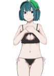  ass_visible_through_thighs bare_shoulders black_bra black_panties blue_eyes body_blush bra breasts cat_cutout cat_ear_panties cat_lingerie cleavage cleavage_cutout green_eyes green_hair groin hair_bobbles hair_ornament hands_on_own_chest hands_up hat hips kawashiro_nitori large_breasts lingerie midriff navel panties short_hair shoulder_blush side-tie_panties simple_background thigh_gap thighs touhou twintails two_side_up underwear underwear_only white_background 