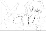 ahoge artoria_pendragon_(all) ass bed bed_sheet bow bra breasts cleavage closed_mouth collarbone eyebrows eyebrows_visible_through_hair fate/stay_night fate_(series) feet_up hair_bow head_tilt lineart looking_at_viewer lying magicians_(zhkahogigzkh) on_bed on_stomach panties pillow saber short_hair simple_background smile thigh-highs tsurime underwear underwear_only white_background 
