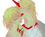  2girls bare_shoulders blonde_hair closed_eyes crying face_licking faceless faceless_female fingernails horn hoshiguma_yuugi licking long_fingernails mizuhashi_parsee multiple_girls pointy_ears rex_k short_hair tears tongue tongue_out touhou white_background 