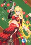  1girl blonde_hair blue_eyes breasts card character_request cleavage dice dual_wielding gun handgun hips merc_storia midriff navel pistol playing_card poker_chip poker_table revolver sizukage solo weapon 